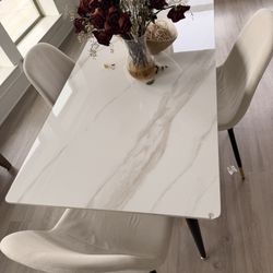 Ceramic Dinning Table With 4 Suede White Chairs