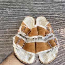 Birkenstock Arizona Shearling Sandals in Mink, Suede, 