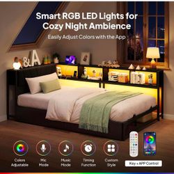 Twin Size LED L Corner Bed Frame with Storage Shelves and Drawers