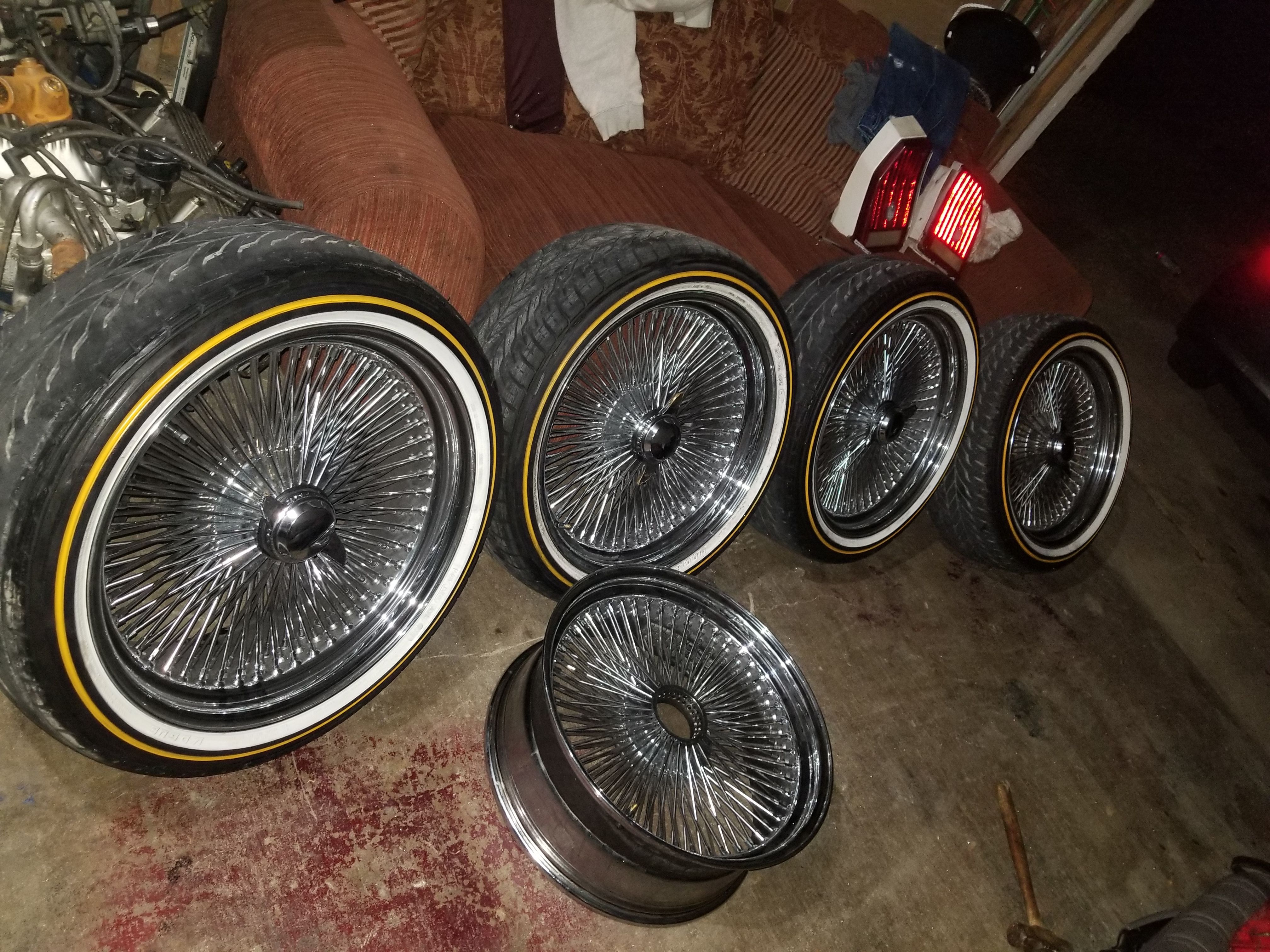 20" 150 spokes and vogues rims only 2 months old 2 tires has wear from rubbing.