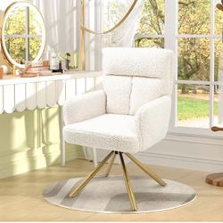 Office Chair No Wheels Upholstered Teddy Vanity Chair with Back and Gold Metal Legs Criss Cross Home Office Desk Chair Boucle Accent Chair Modern Read