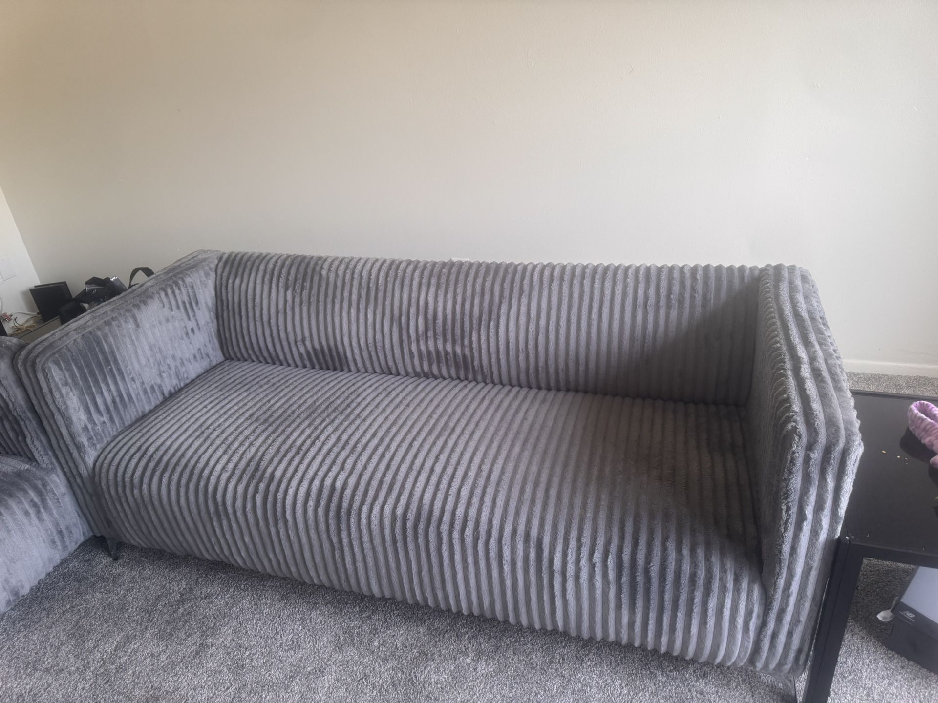 Two Piece Grey Velvet/soft Fur Couch 
