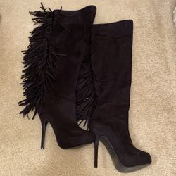 Faux suede over-the-knee boots with fringe up the back