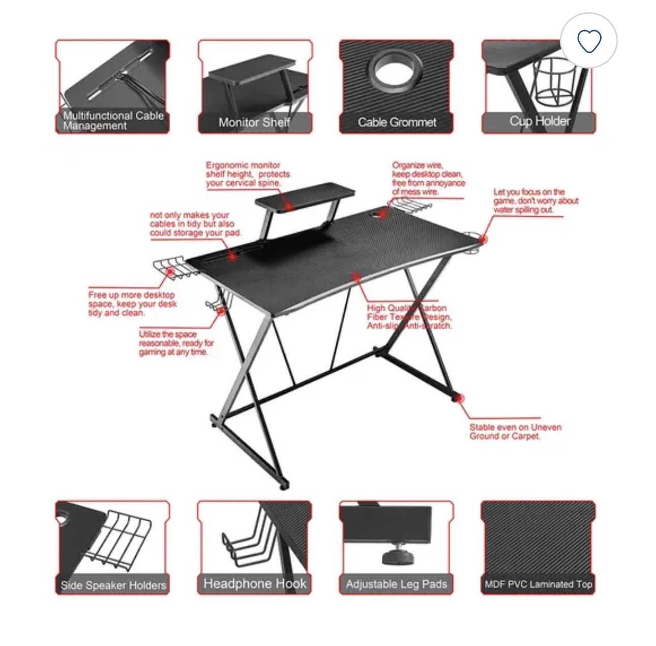 Me Ironstone Gaming Desk with Monitor Stand, Black Home Office Computer Desk with Cup Holder, Headphone Hook, Speaker Holders and Cable Managements