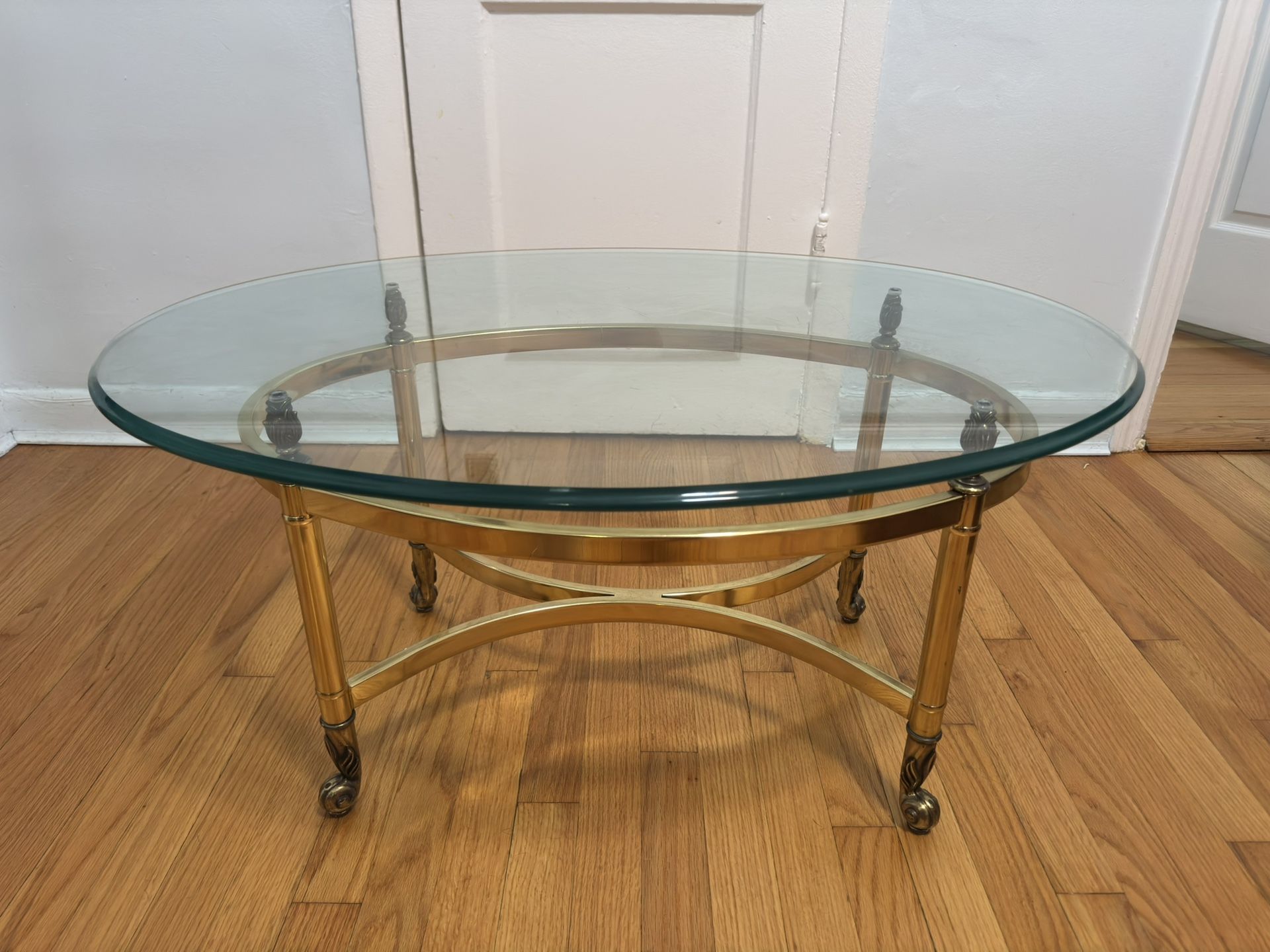 Vintage MCM Hollywood Regency Oval Labarge Style Brass and Glass Coffee Table