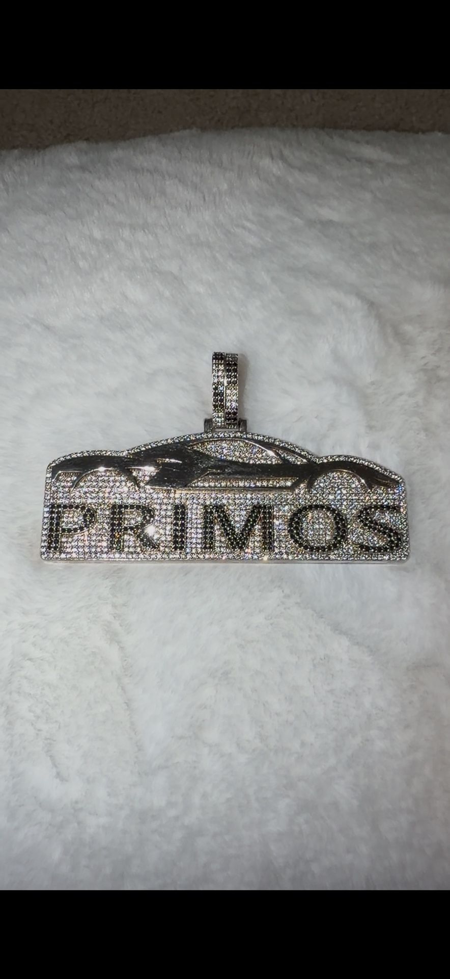 Custom “PRIMOS” Iced-Out Moissanite Pendant (Sterling Silver, One-of-One Car Logo Design)