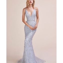 Prom Dress Sky blue Size M  8/10  A0639 ANDREA & LEO | PEARL CLUSTER V-NECK STRAP GOWN