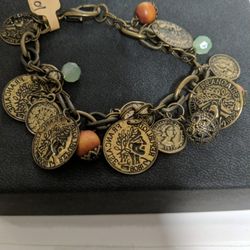 Vintage Charm Bracelet French Coin Medallions Boho Brass Dangle Jewelry