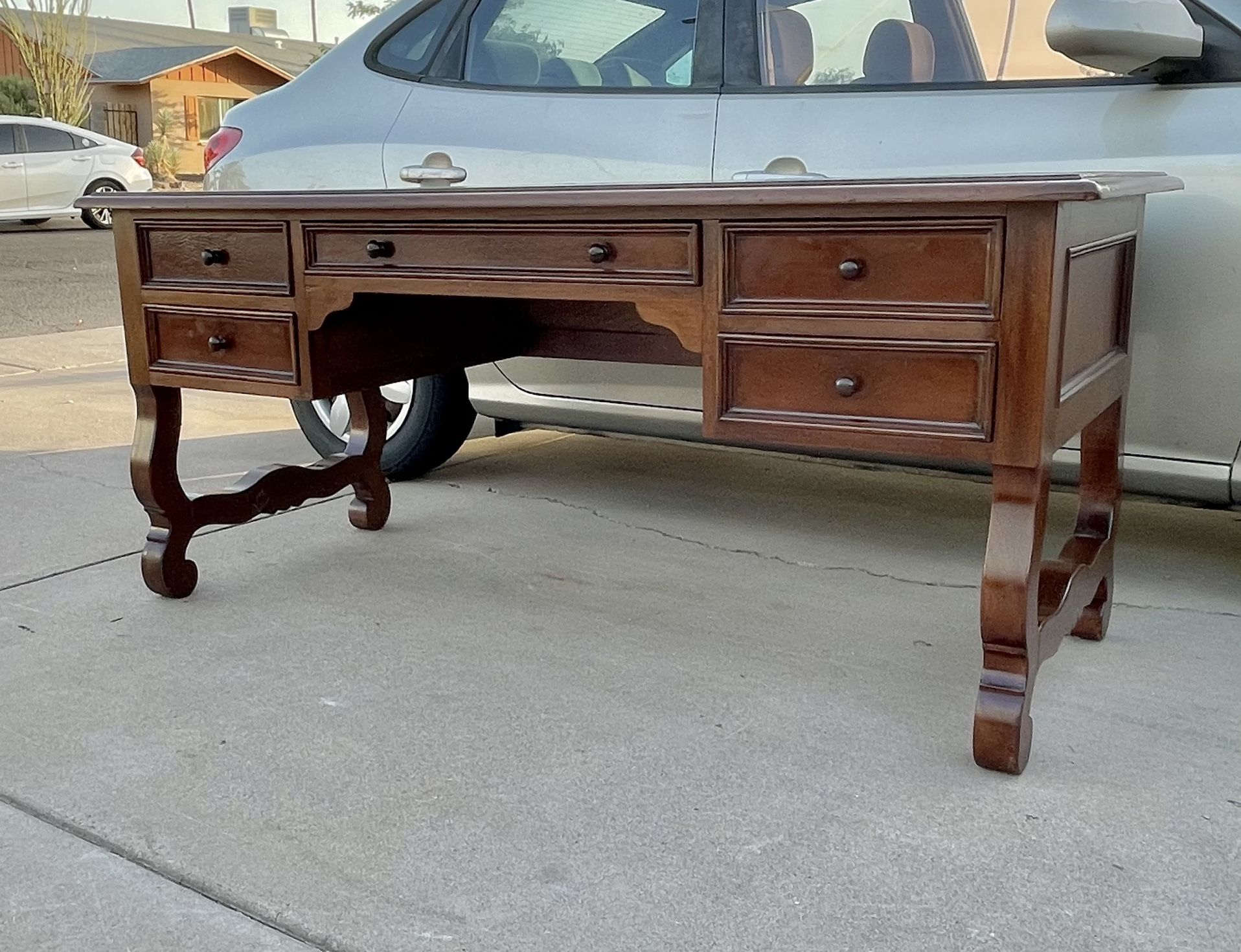 Vintage Solid Wood Dresser with Leather Inlay Top Drawers Sides & Back