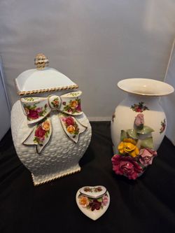 Royal Albert Old Country Roses Vase, Canister, and Trinket Box Set
