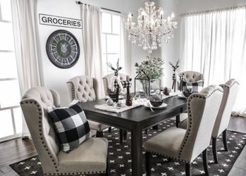 New 7-PC Sania Collection Antique Black Finish with Beige Linen Wingback Chairs