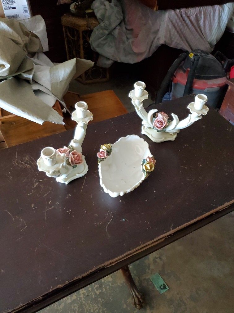 Antique Dish and Candleholder Set