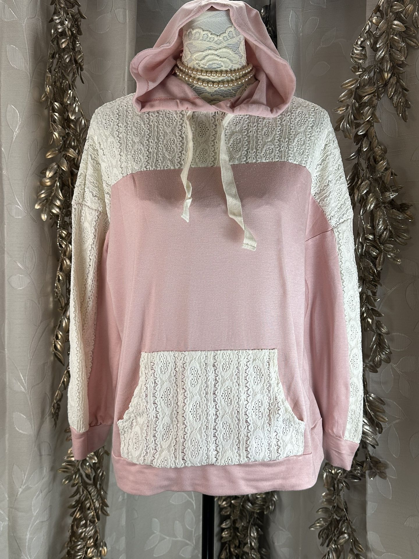 Haptics Lace Hoodie Pink Small Feminine Chic Pullover Boho Crochet Spring Style