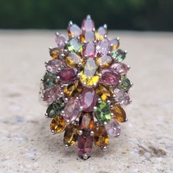 925 Silver Multi-Colored Gems Vintage Large Ring