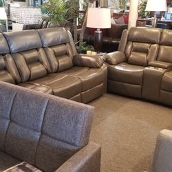 Brand New Gray Gel Leather Manual Reclining Sofa + Loveseat With Cup Holders