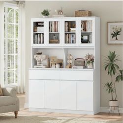 White Kitchen Pantry Storage Cabinet with Glass Doors