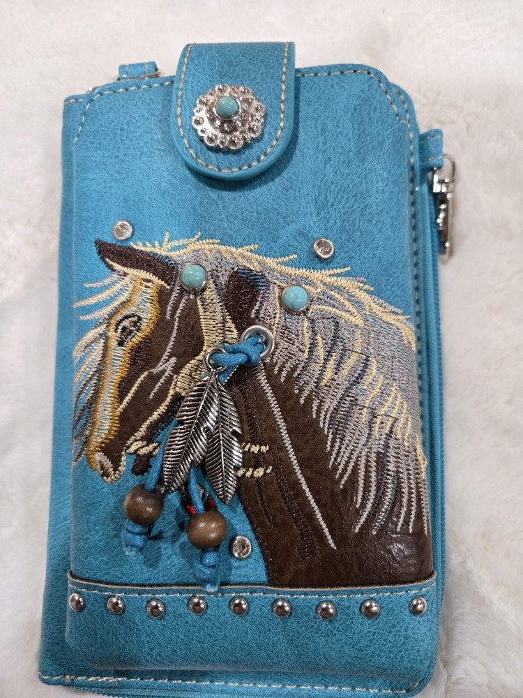 Turquoise Embroidered Horse Crossbody Western Phone Wallet