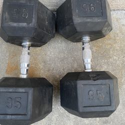 Pair Of 95 Pounds Hex Rubber Coated Dumbbells 