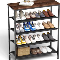 Z&L HOUSE 5 Tier Shoe Rack Organizer for Entryway, Sturdy Black Metal Framed Free Standing Shoe Shelf, Uniquely Versatile and Spacious Wood Top Storag