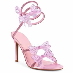 Brand New Yolkomo Pink Rhinestone Butterfly Heels for Women Sexy Lace Up Wrap Around Heels with Bow Sparkly Crystal Strap Up Open Toe Stiletto High He