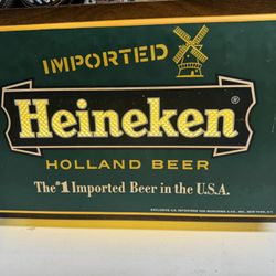 Vintage Heineken Beer Sign Holland Beer Sign Made USA 19” x13” X 4”. Must Pickup