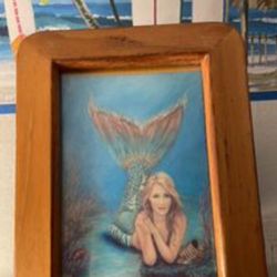 Unique And Original Pretty Mermaid Framed In Solid Oak Under Glass