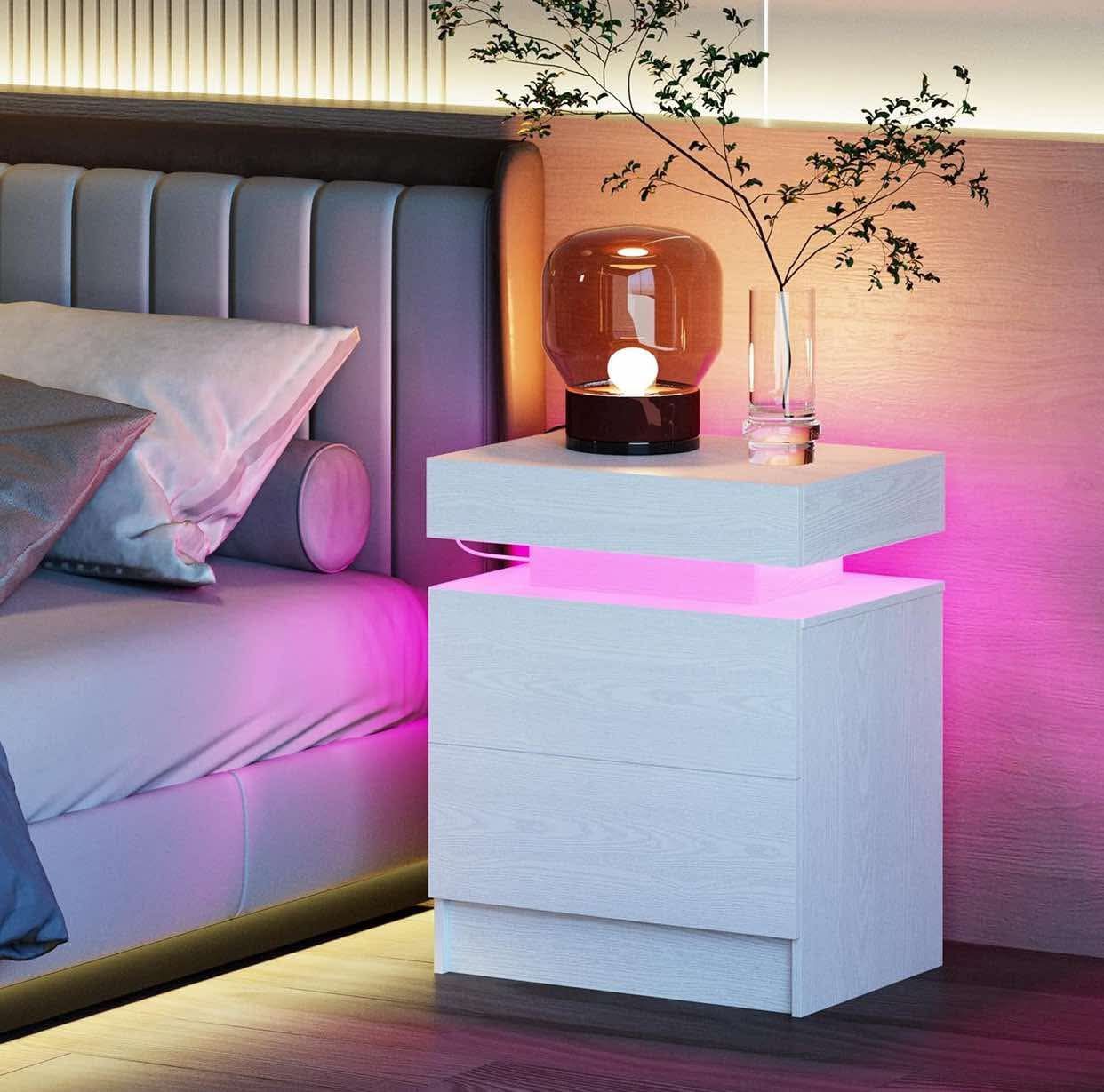Night Stand with Charging Station, Modern White Nightstand with LED Light and Drawers, Bedside Tables/End Table for Bedroom