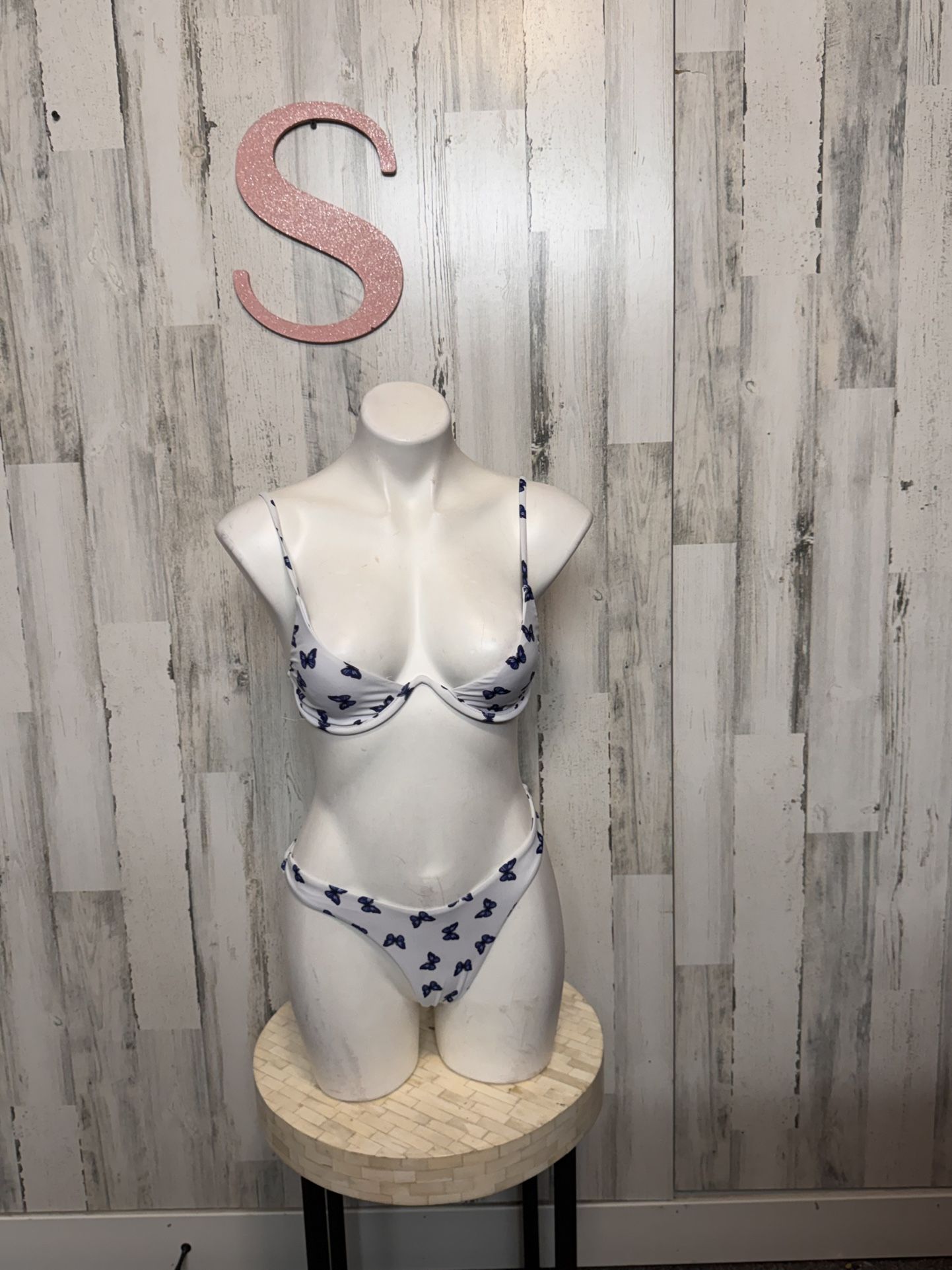 Butterfly Print Bikini Set Women’s Swimwear Size S White & Blue Two Piece NWT