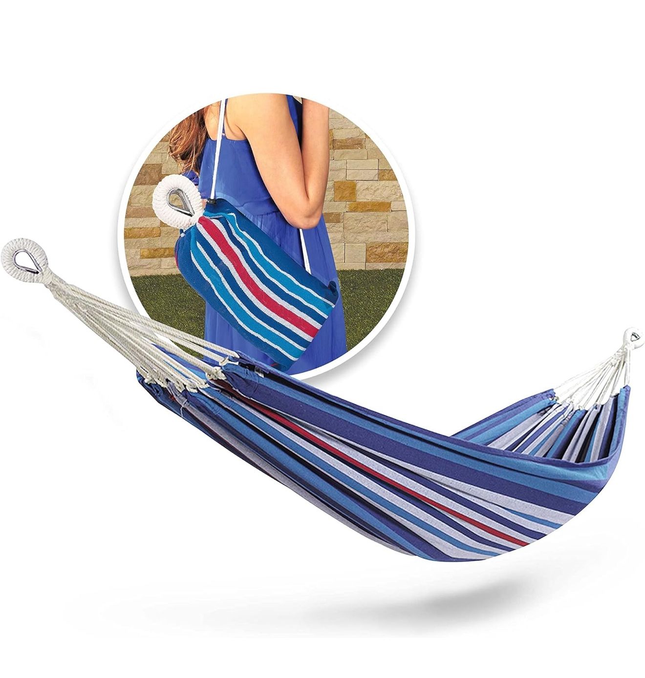 Bliss Hammocks BH-400W5CA 40" Wide Hammock w/Hand-Woven Rope Loops & Hanging Ropes, Outdoor, Patio, Backyard Durable, Cotton and Polyester Blend, 220 