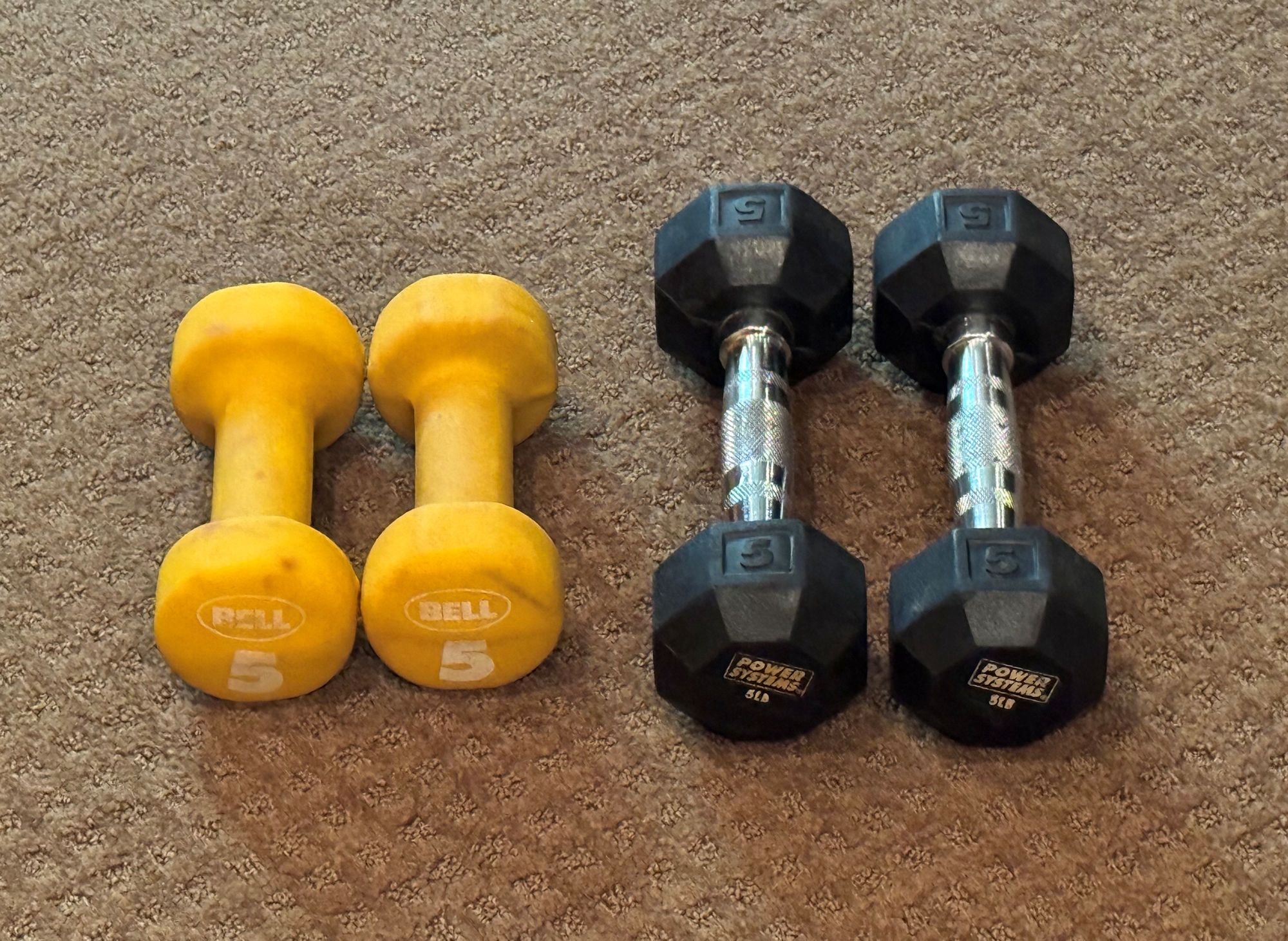 Hex dumbbell weights ($10 per pair)