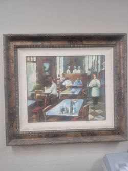 Framed Oil Painting Restaurant Scene Signed Shaw