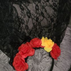 Women Girl Red Rose Black Veil Halloween Party Hair band Headband CROWN Tiara


