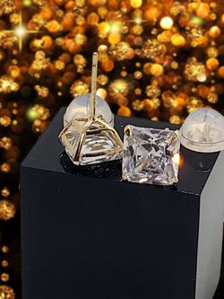 14k Solid Yellow Gold Emerald Cut Brilliant CZ 6x6mm Earrings, Aritos De Oro