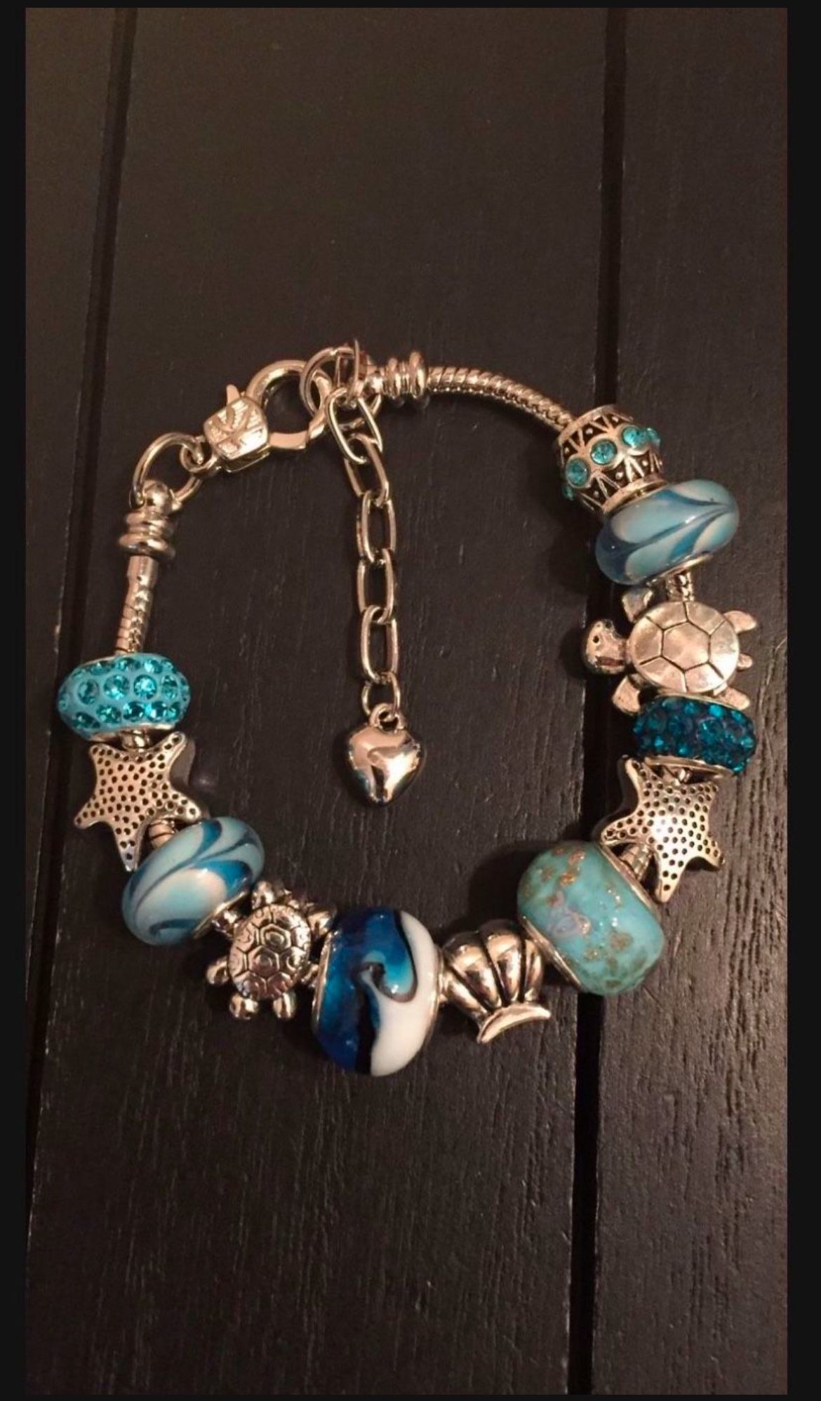 Ocean Wave 925 Silver Plated Charm Bracelet with Murano Glass Beads and Austrian Crystal Beads (seashell, turtle, starfish, heart)