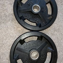 2 - 35 Pound Rubber Plates + Curl Bar. 