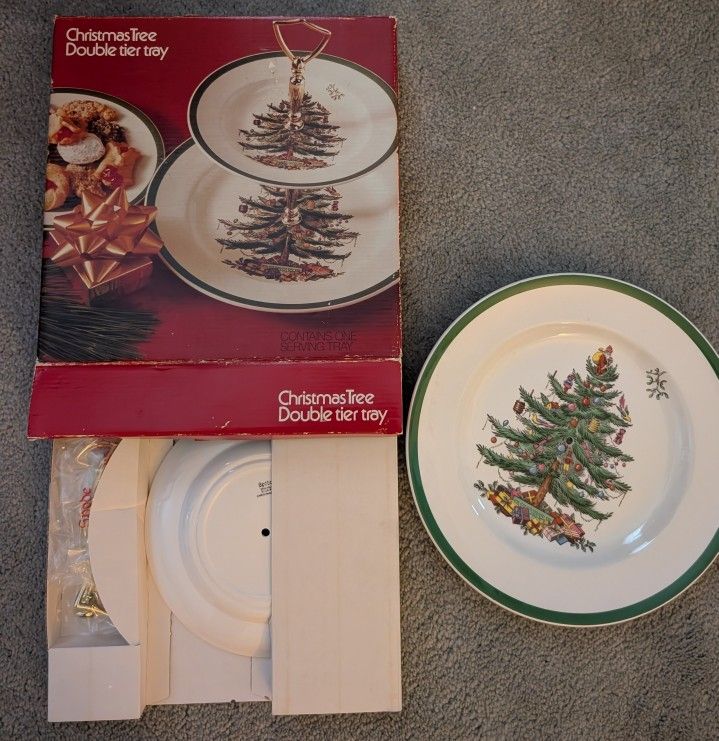 Spode  Christmas Tree Made in England Double Tier Serving/Tidbit Tray/Plates