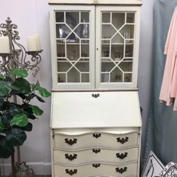 Creme Antique Secretary Desk Hutch 