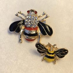"Bee My Honey Bee" Gold Tone Enamel & Rhinestones Fashion Brooch/Pin Set of 2 (NEW)