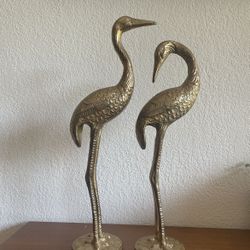 Set Of 2 Gold / Brass Color Flamingo Cranes Figurines Statue 