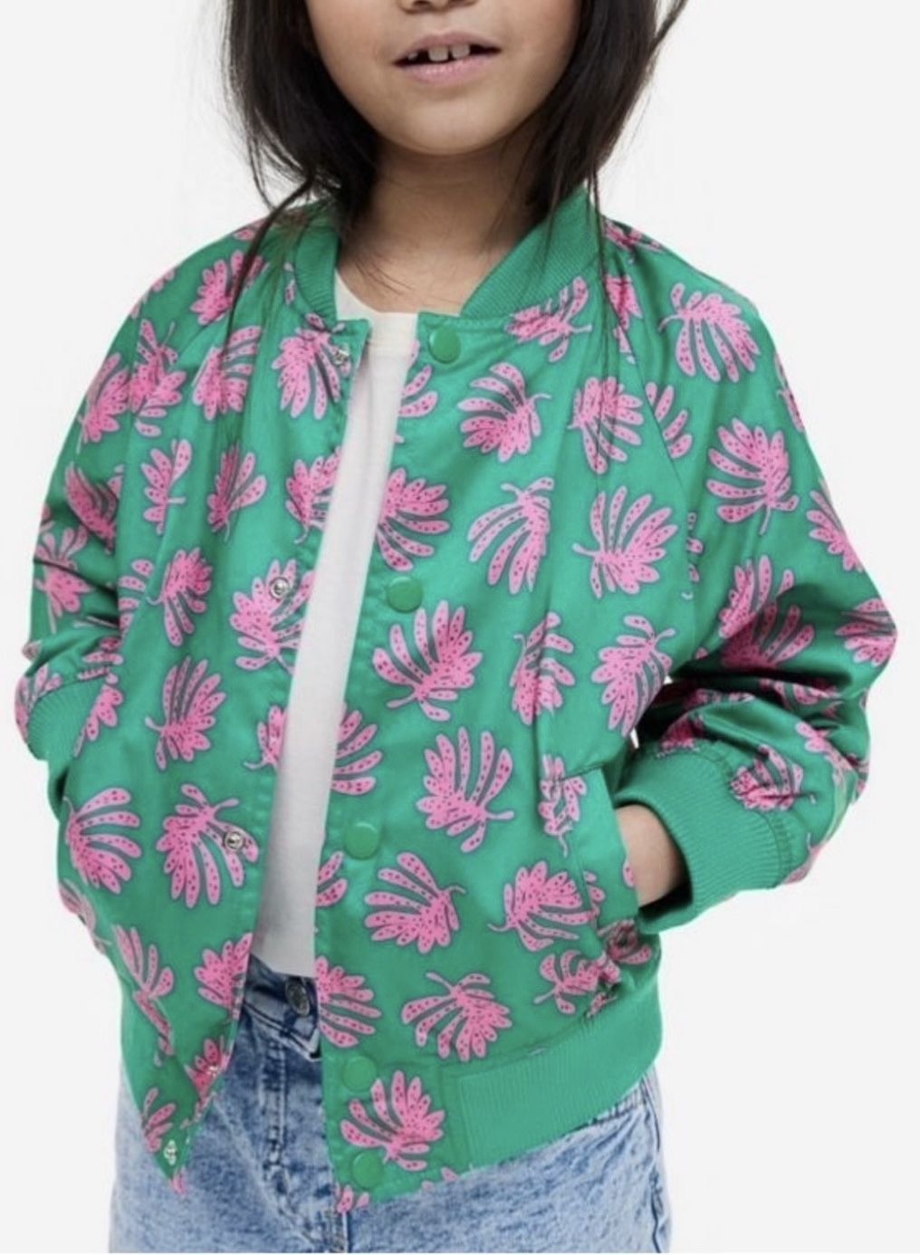 Girls H&M Pink & Bright Green Leaves Patterned Satin Bomber Jacket Size US 6X/7
