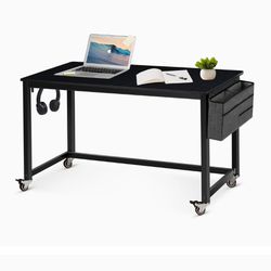 55" Rolling Computer Desk with 4 Smooth Wheels, Simple Style Mobile Writing Desk Home Office Study Table Movable Workstation with Metal Frame

