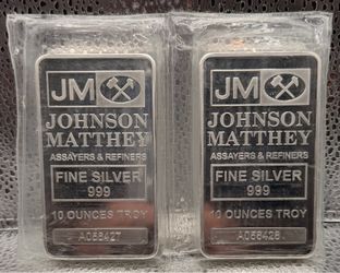 2x10 oz .999 Silver Bars Johnson Matthey JM Crossed Hammers Sequential Serial A056427 & A056428