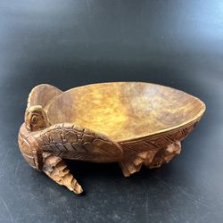Vtg Wood Carved Sea Turtle Nut Fruit Bowl Platter 11" Tropical Tiki Bar Decor