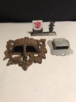Vintage 3 Pc Match Holder Set Cast Iron, Aluminum & Desktop Windmill