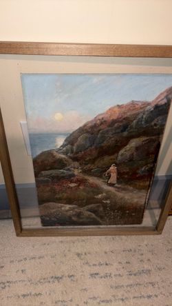original painting on Winsor & Newton board by Richard Harry Carter (1839–1911), titled 'The Cliff Path' (Inscribed 'No 1' on reverse). Retains origina