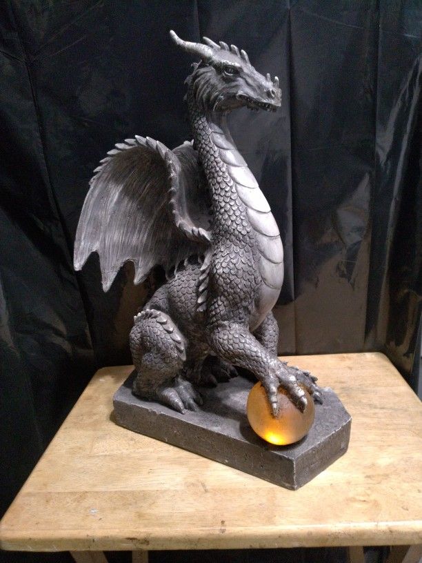 18" Dragon Statue With Glowing Crystal.