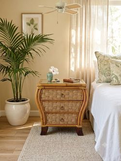 Vintage Boho Rattan / Wicker 3-Drawer Dresser Accent Nightstand with Glass Top