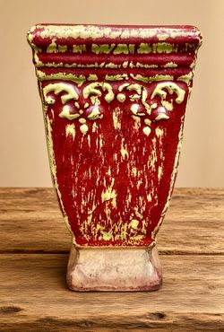 Vintage Rustic Red Fleur-de-Lis Ceramic Square Pottery Vase - 8”