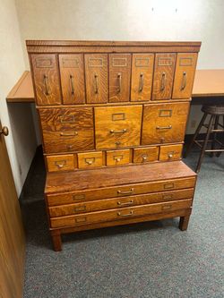 Circa 1900 stackable oak map cabinet, file drawers, card, pullout, drawers, etc.