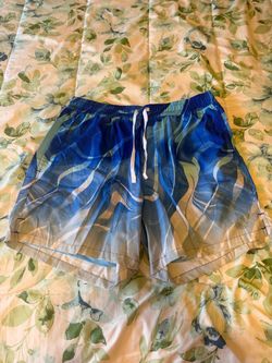 Boys  Size L Abstract Blue Green Swim Shorts Elastic Waist Drawstring
